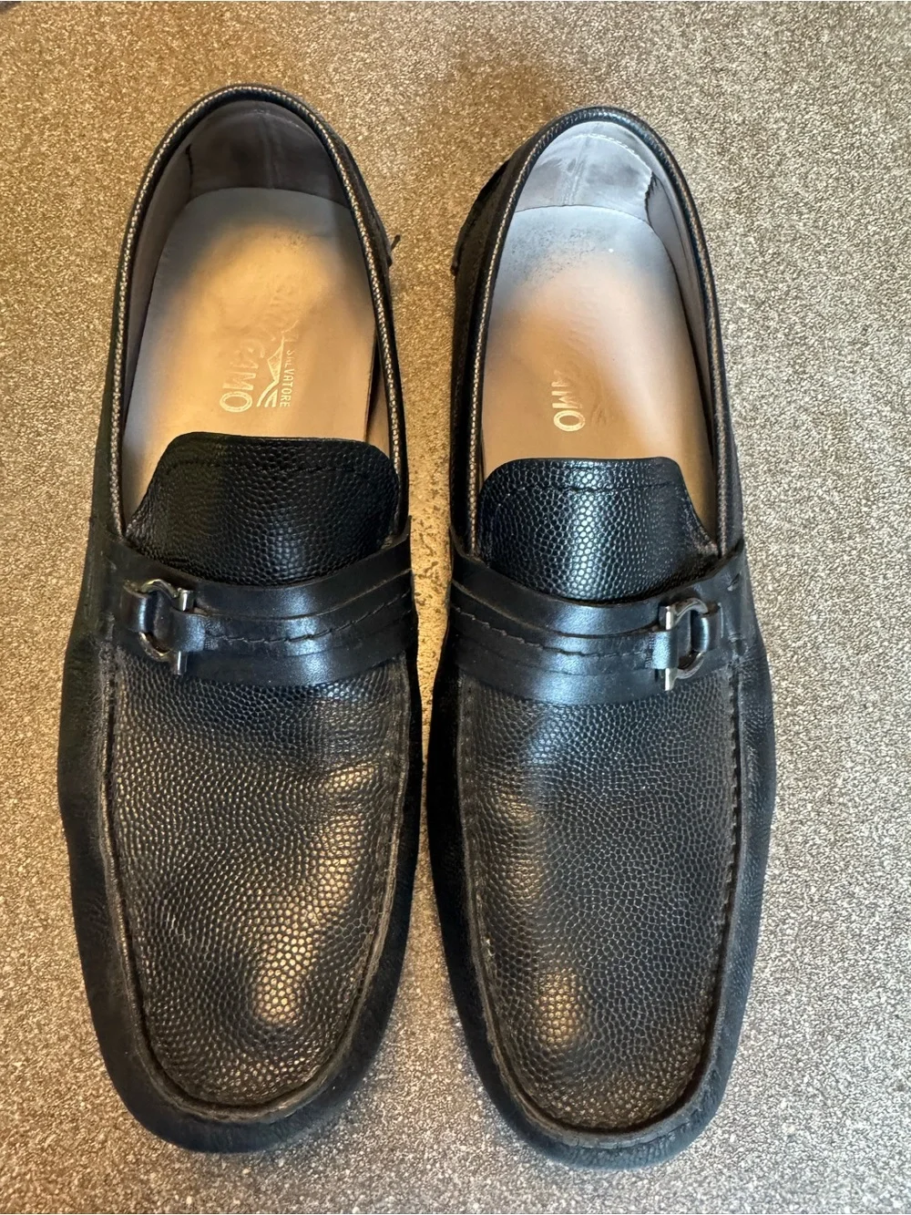 Salvatore Ferragamo Black Pebbled Leather Bit Loafers size 11
